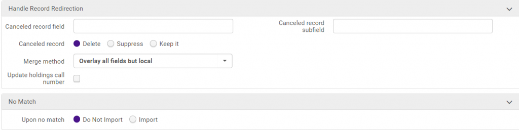 Match profile tab: Handle Record Redirection and No Match options