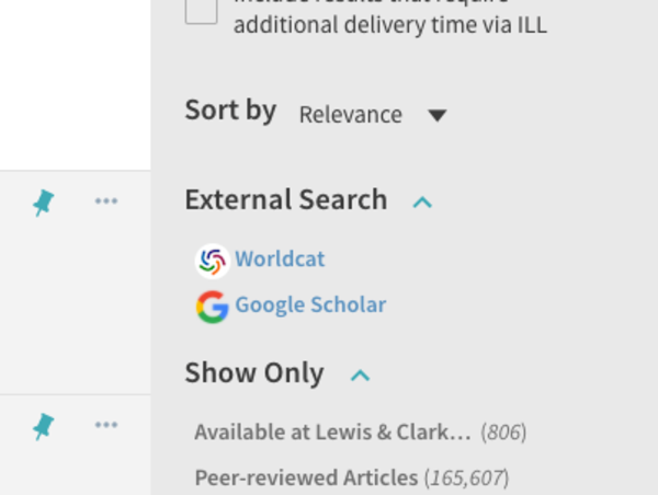 Image of Worldcat and Google Scholar in Primo facets External Search in Primo facets.