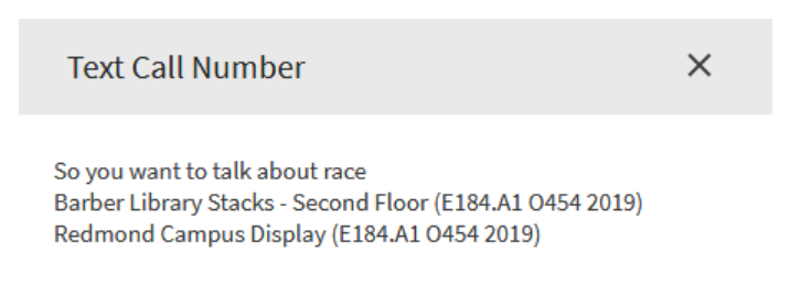 Text Call Number window