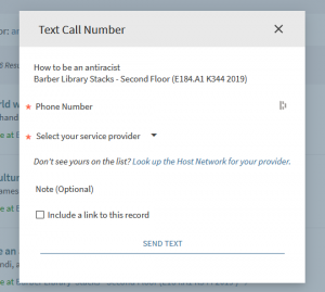 Text Call Number modal window