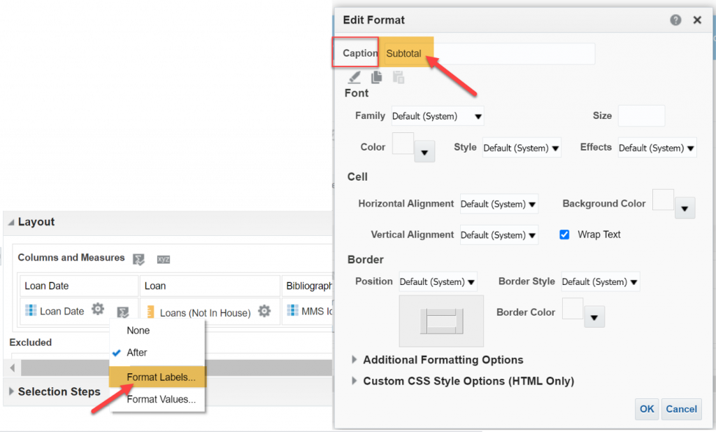 Editing Compound Layout with arrows indicating the Format Labels option and Subtotal caption.