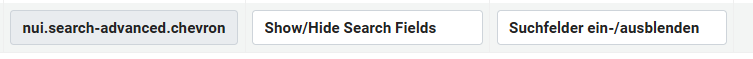 Search Tile Labels custom row for nui.search-advanced.chevron in German, with the value "Suchfelder ein-/ausblenden"