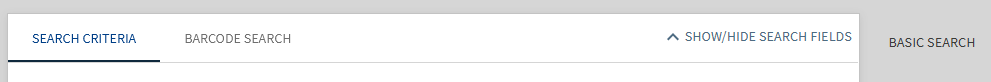 Advanced Search form in Primo, with the chevron toggle button labeled "Show/Hide Search Fields"