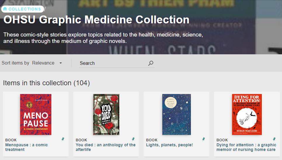 A screenshot of OHSU's collection discovery for Graphic Medicine Titles including four Graphic novels featured.