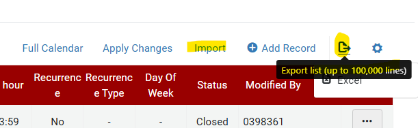 A closeup of the import and export buttons on the calendar management screen in Alma.
