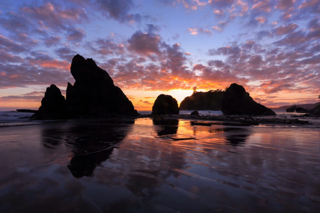 Rocks on the coast at sunset